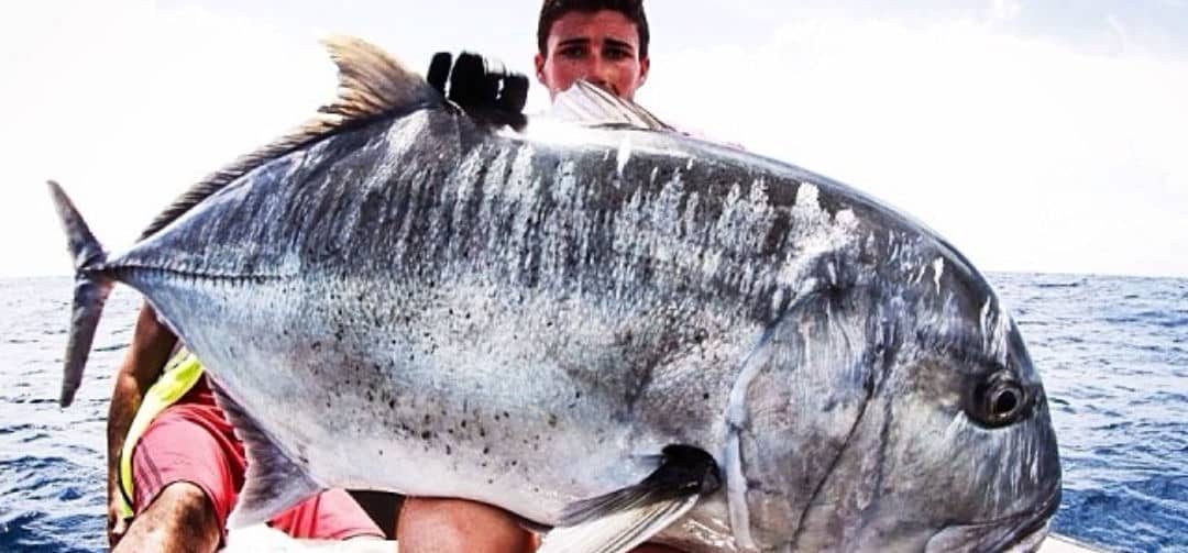 A person on a boat holding a large fish with a silver and gray body, dark fins, and a prominent eye, with the ocean in the background.