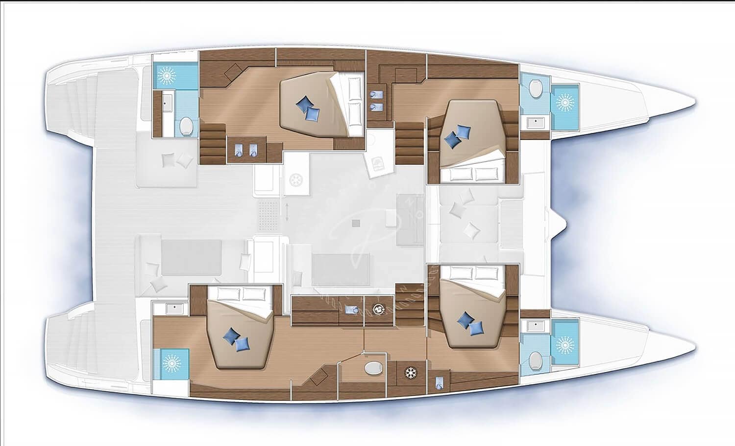 Top-down view of a yacht's interior layout with four bedrooms, bathrooms, and common areas.