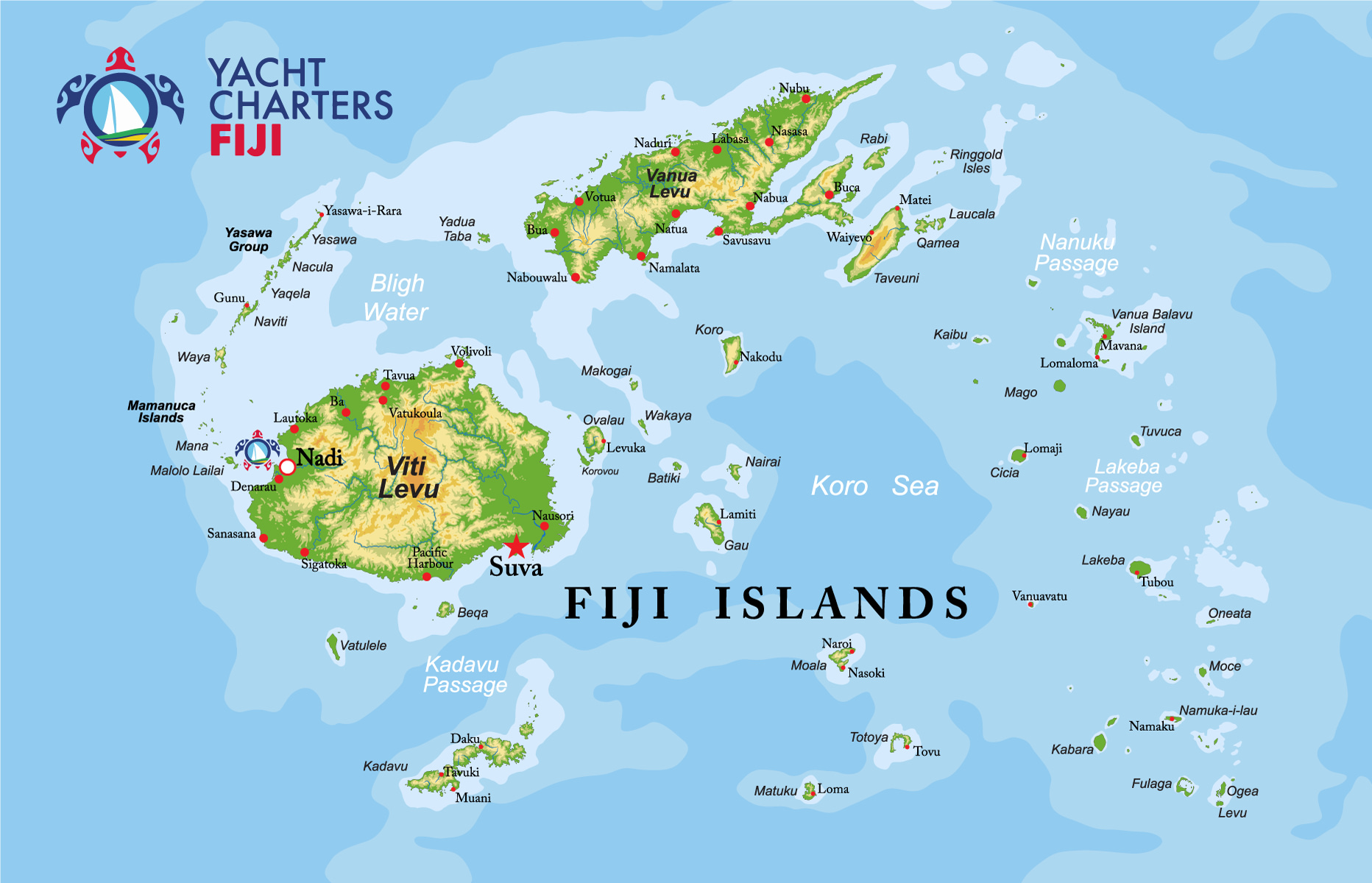 Map of the Fiji Islands showing main islands and locations, with labels for Viti Levu, Vanua Levu, and several smaller islands, with various town and city names, and an apparent branding of Yacht Charters Fiji in the top left corner.